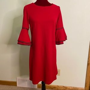 Red Sharagano bell sleeved dress